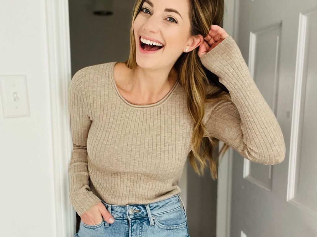 woman wearing a sweater from Kohl's