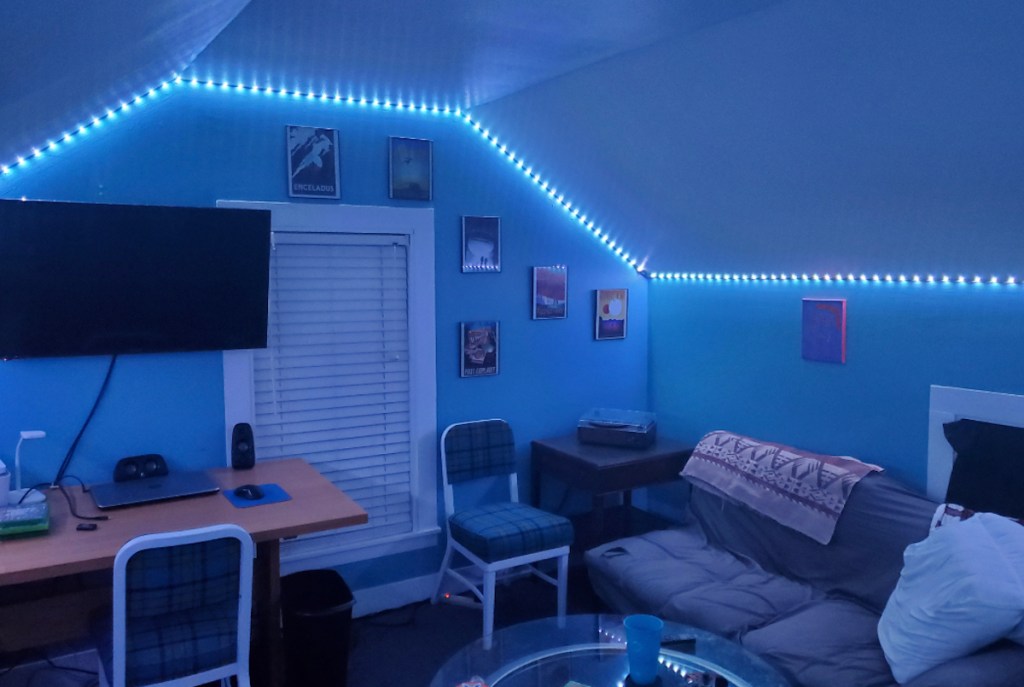 Blue LED light strips and hang out room 