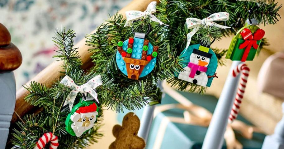 LEGO Christmas Ornament Selection on a banister