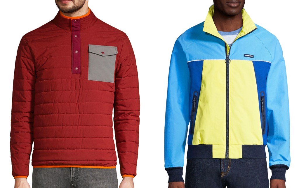 man in solid red jacket and man in blue/yellow colorblock jacket