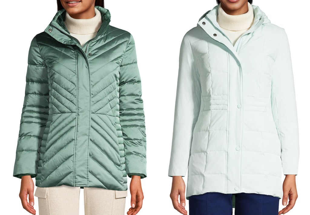 two women in green and light blue winter coats