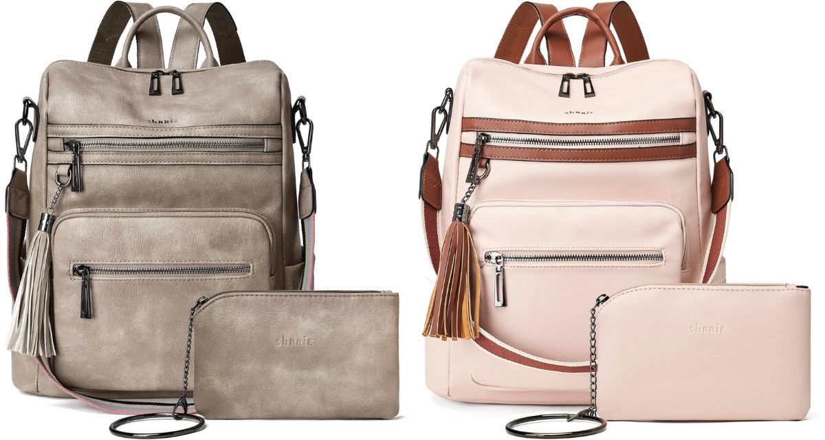 two travel back packs in two toned gray and pink w/ brown trim