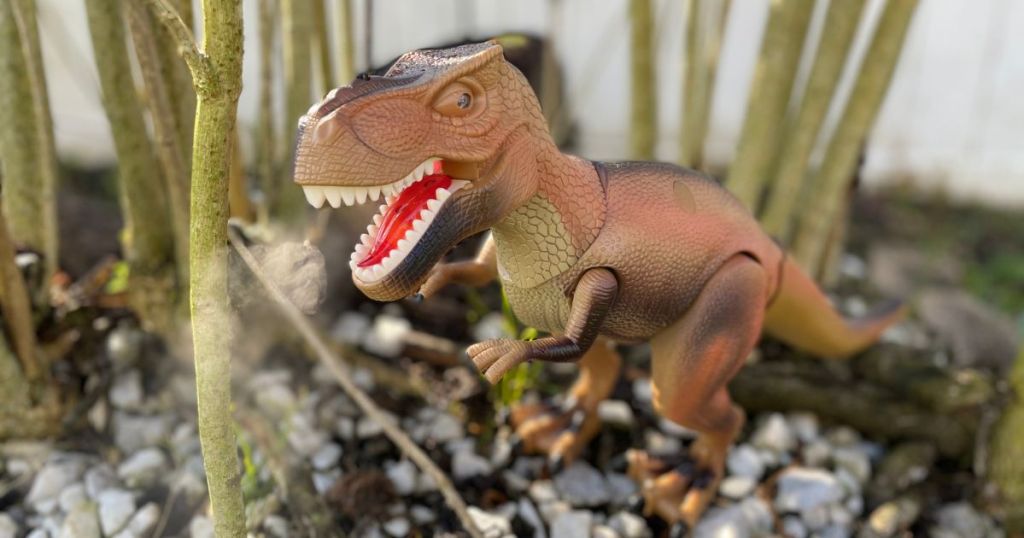 toy dinosaur standing on rocks