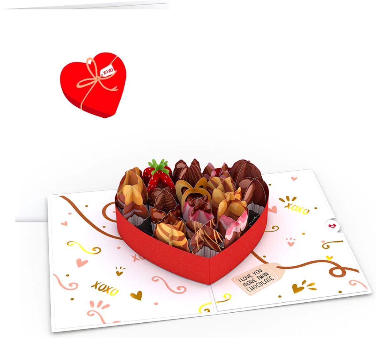 Love You More Than Chocolate Pop-Up Card stock image showing front and inside popup of a large heart shaped box of chocolates