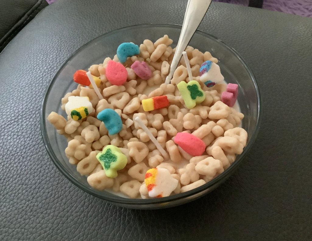 Lucky charms, wax pieces in cereal bowl candle with spoon