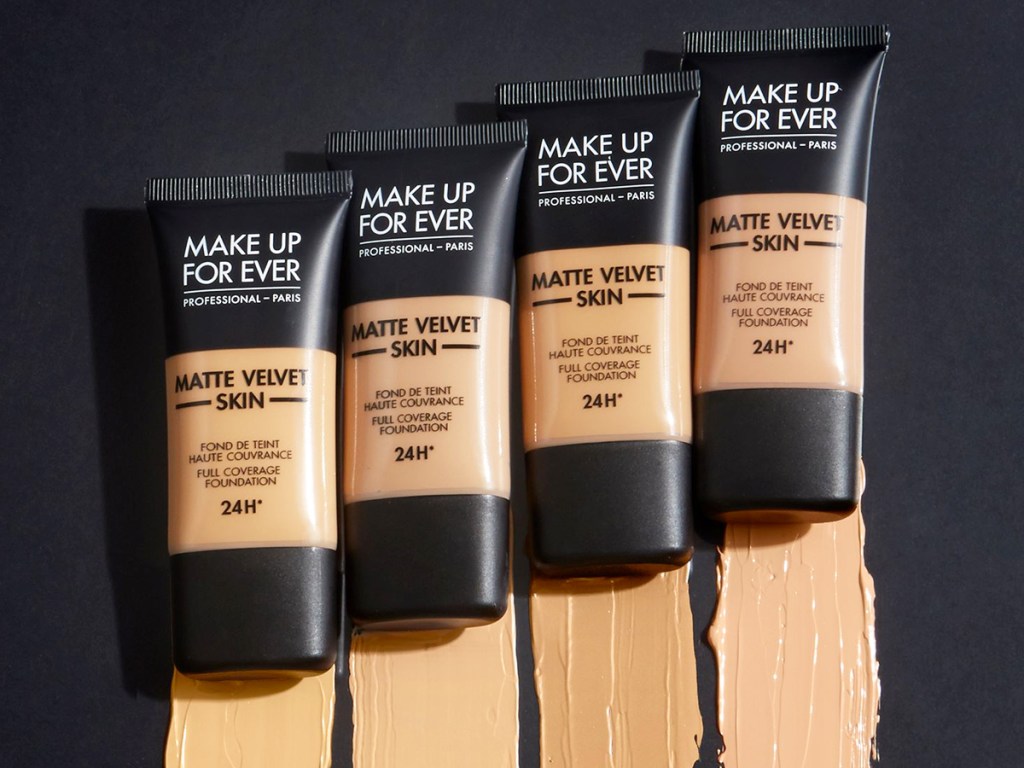 multiple tubes and swatches of MAKE UP FOR EVER Matte Velvet Skin Full Coverage Foundation