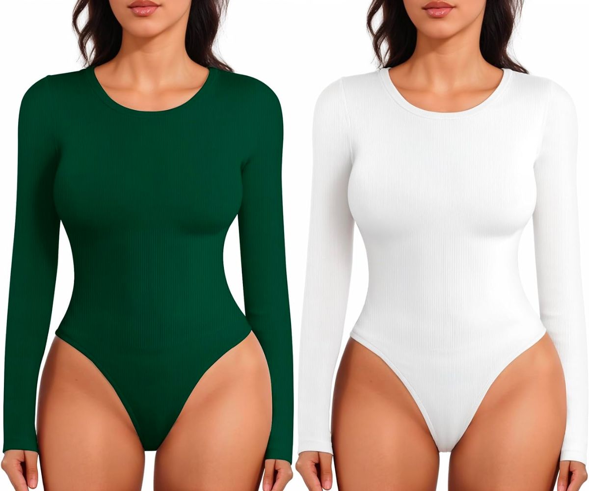 2 models wearing MANGOPOP Long Sleeve Thong Bodysuits in dark green and white with Crew Neck