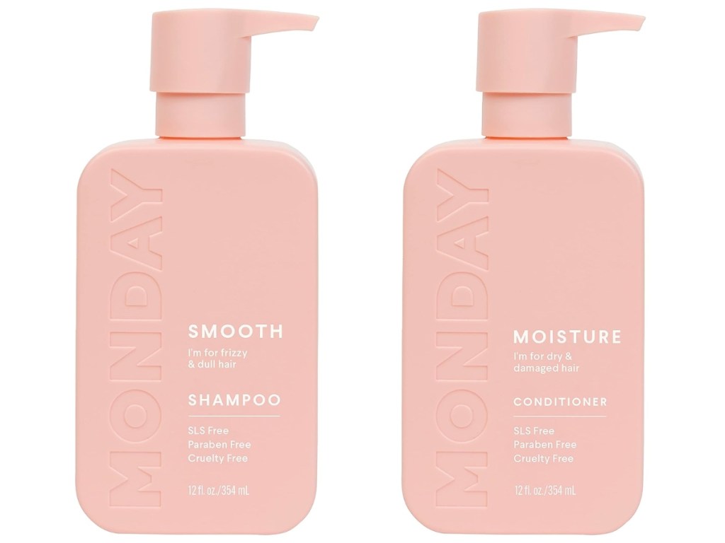 12oz bottles of MONDAY smooth shampoo and moisture conditioner