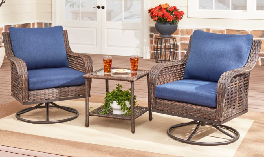 wicker rocking chair set with blue cushions