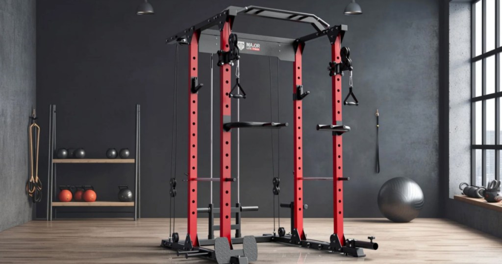 red and black Major Fitness All-in-One Power Cage in gym room