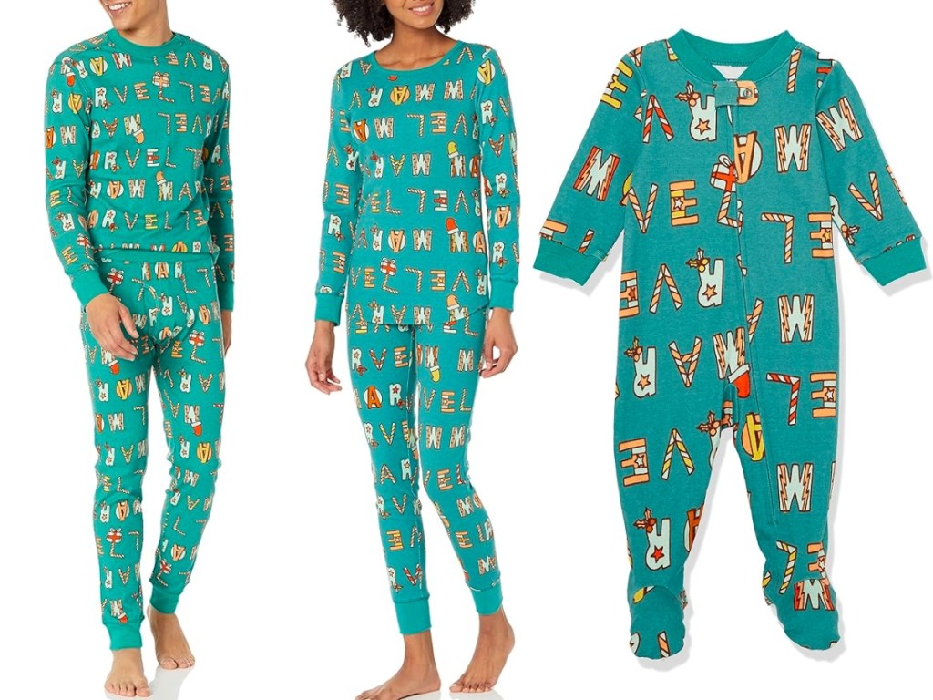 Amazon Essentials Festive Marvel Men's, women's and baby Matching Pajamas in Green