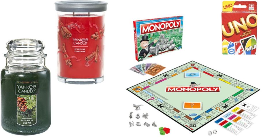 Stock images of two Yankee Candles a Monopoly Board Game and an Uno Card Game