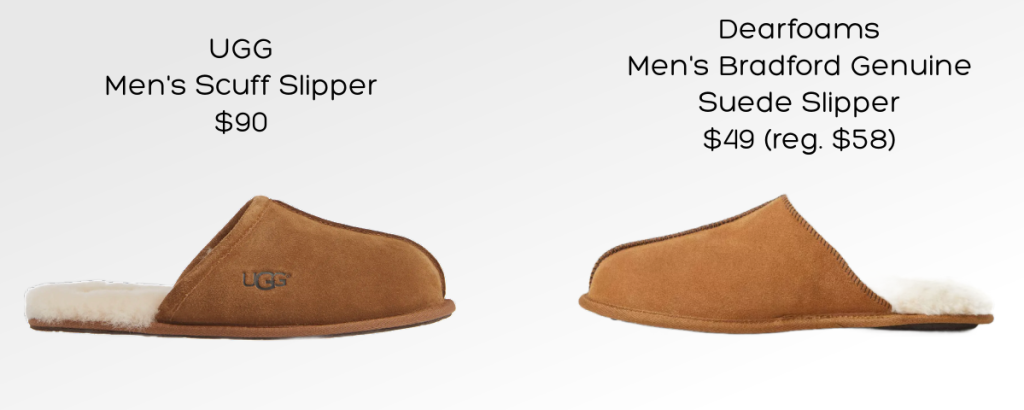 A pair of mens clog slippers from UGG versus an affordable lookalike from Target
