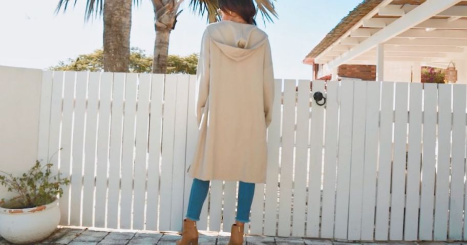 Back view of a woman wearing a Merokeety Hooded Cardigan