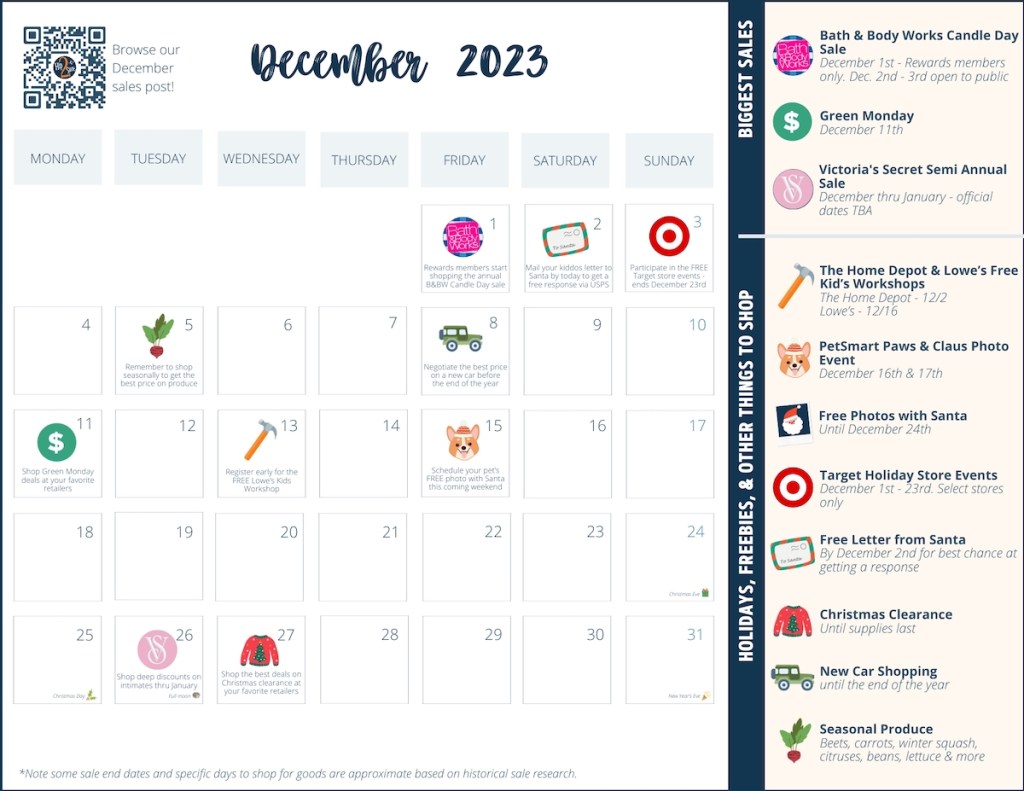 december monthly sales calendar with various deals and sales to shop