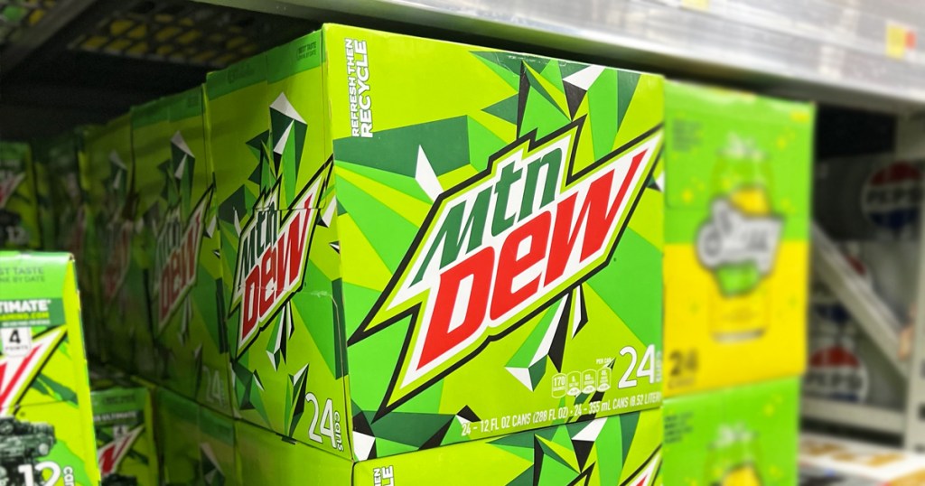 large green box of mountain dew soda cans on store shelf