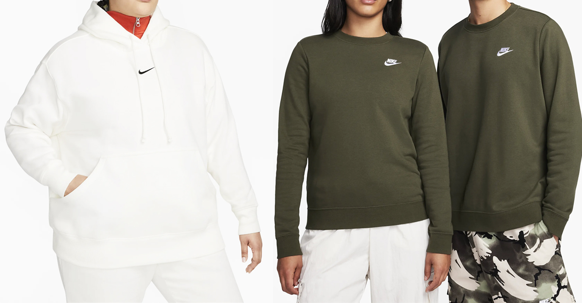 woman in white hoodie and couple in matching green sweatshirts