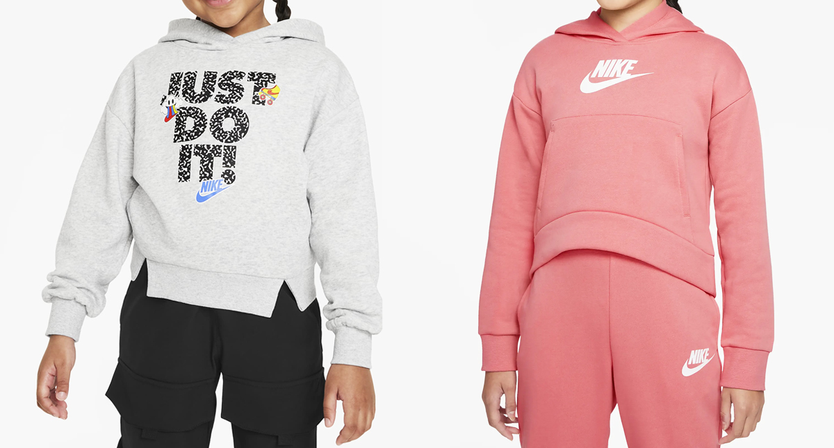 two girls in grey and pink nike hoodies