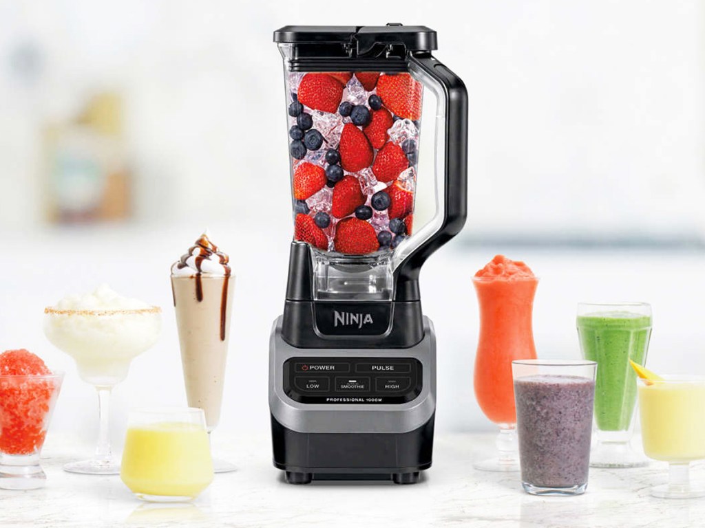 Ninja Professional Blender on counter with drinks