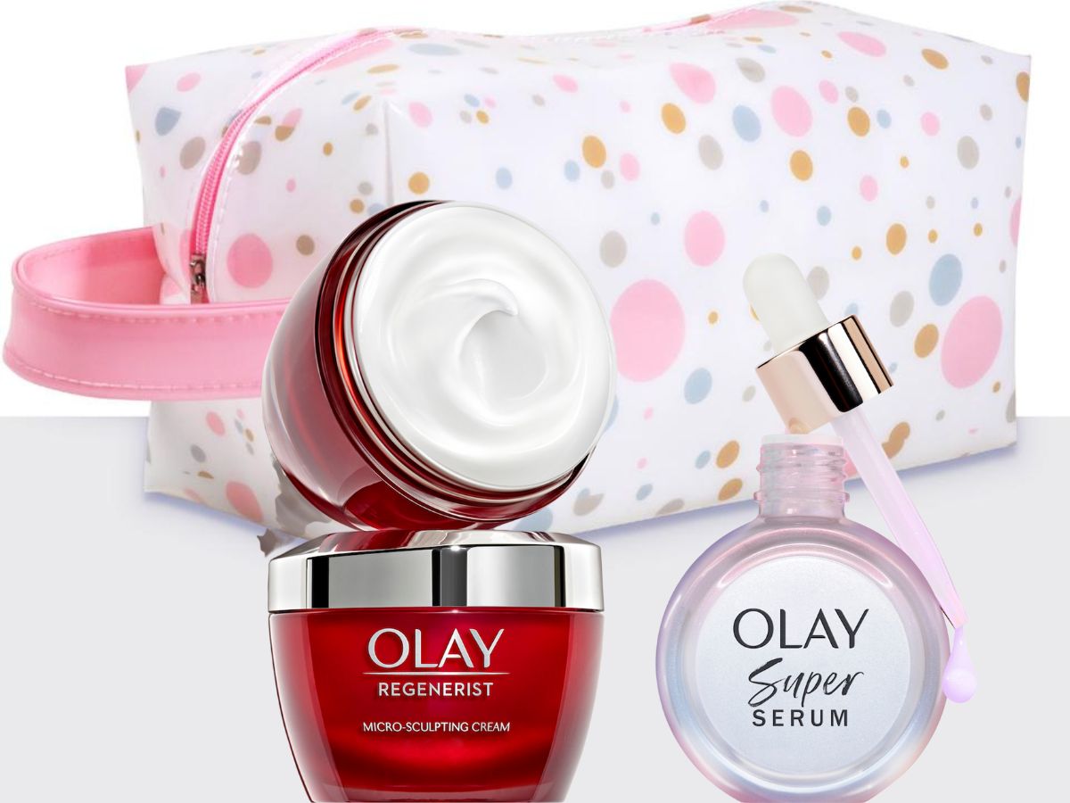 polka dot bag and olay regenerist cream and olay super serum