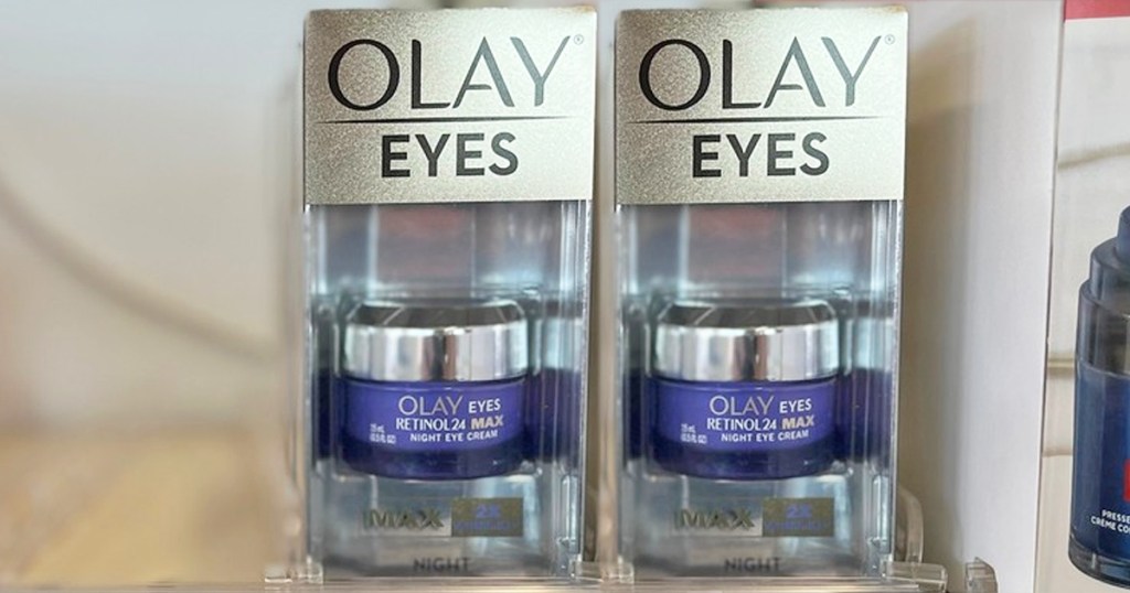 two Olay Retinol24 MAX Night Eye Creams on store shelf