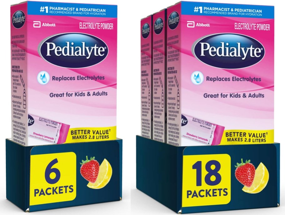 pink boxes of Pedialyte Electrolyte Powder Packets