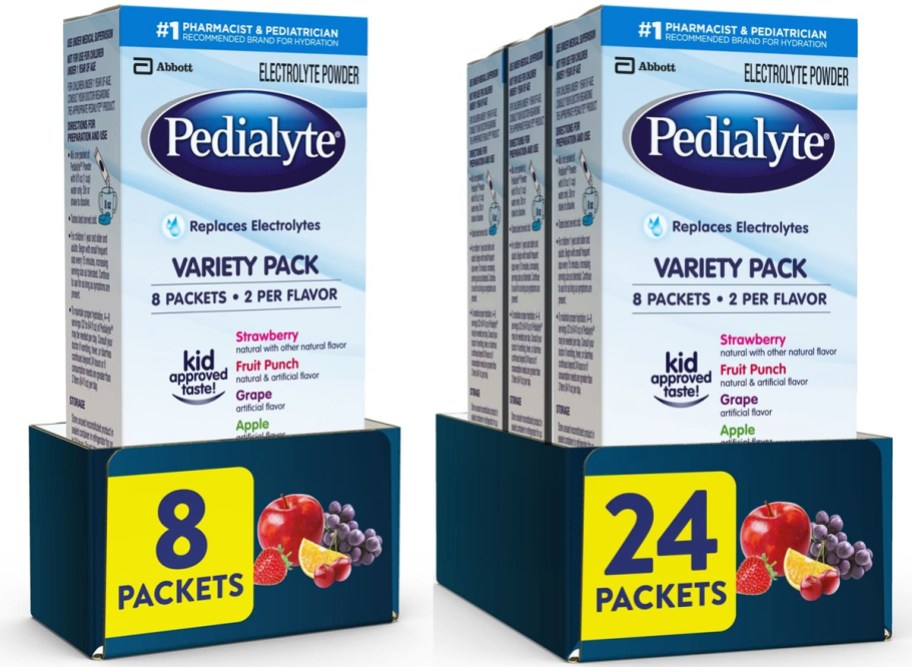 blue boxes of Pedialyte Electrolyte Powder Packets