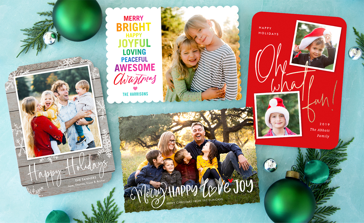 four different designs of custom photo christmas cards