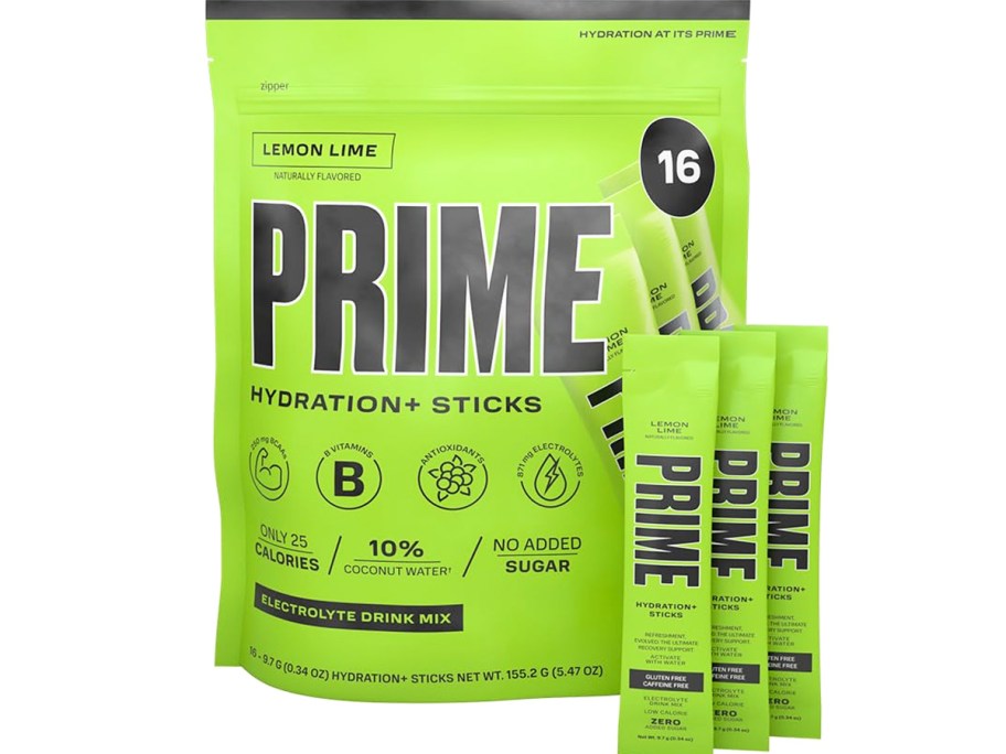 green bag of Prime Hydration+ Sticks in Lemon Lime flavor