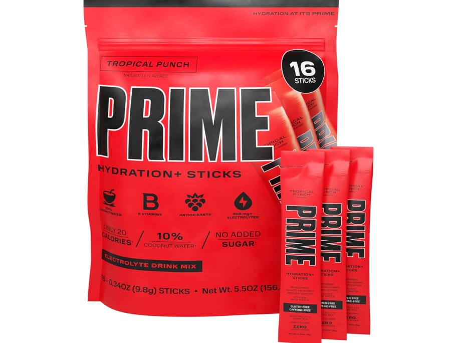 red bag of Prime Hydration+ Sticks in Tropical Punch flavor