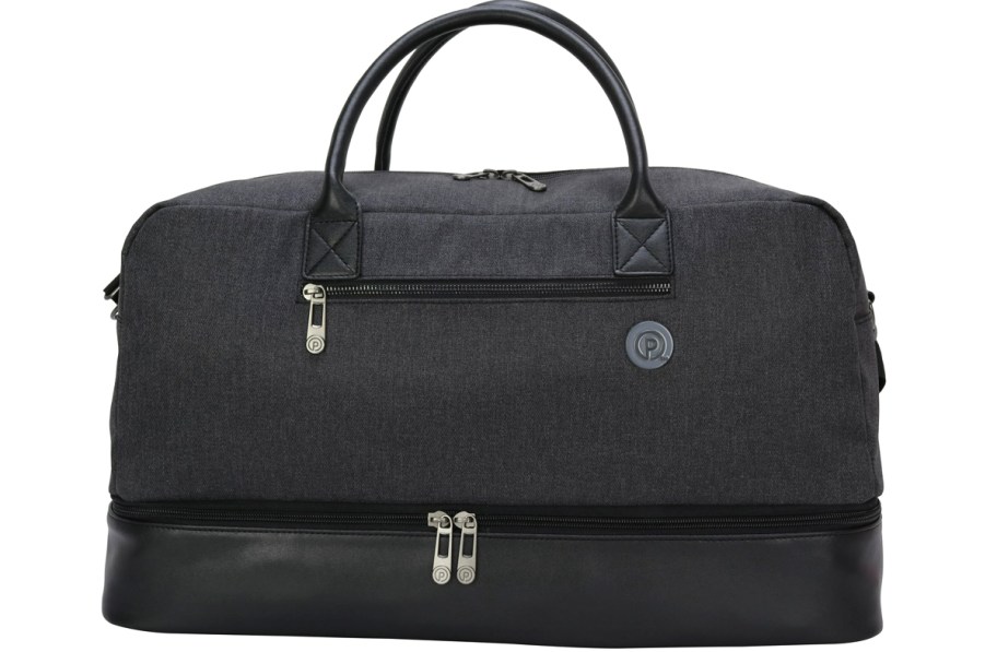 grey duffle bag with multiple zippered compartments