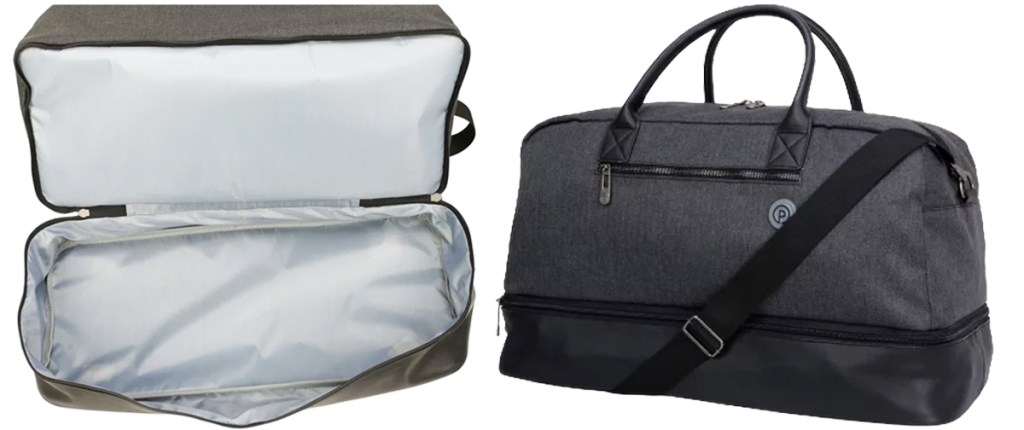 open and side views of a grey duffel bag