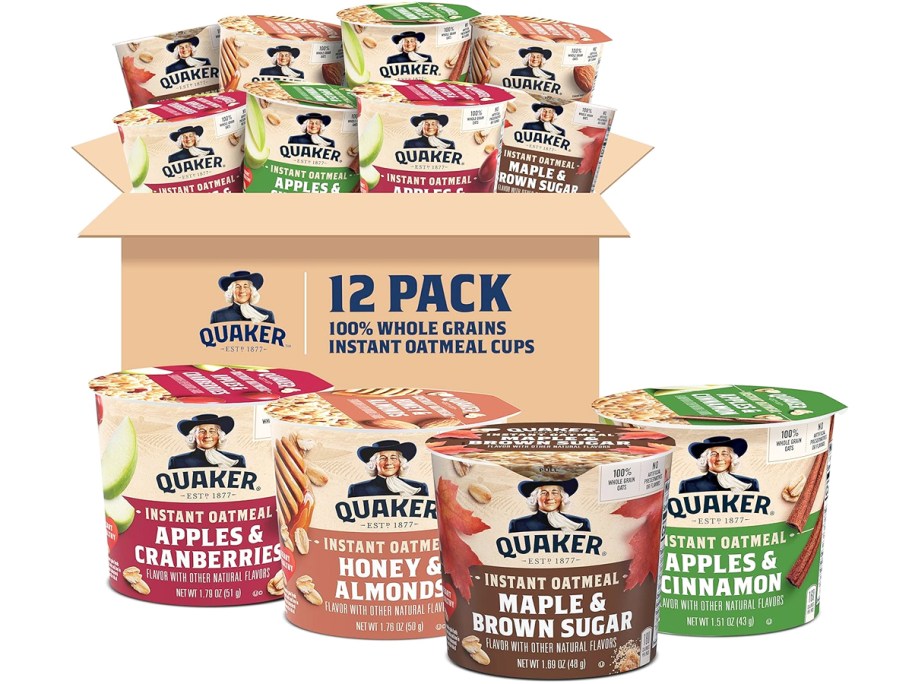 box full of Quaker Instant Oatmeal Express Cups with 4 different flavors