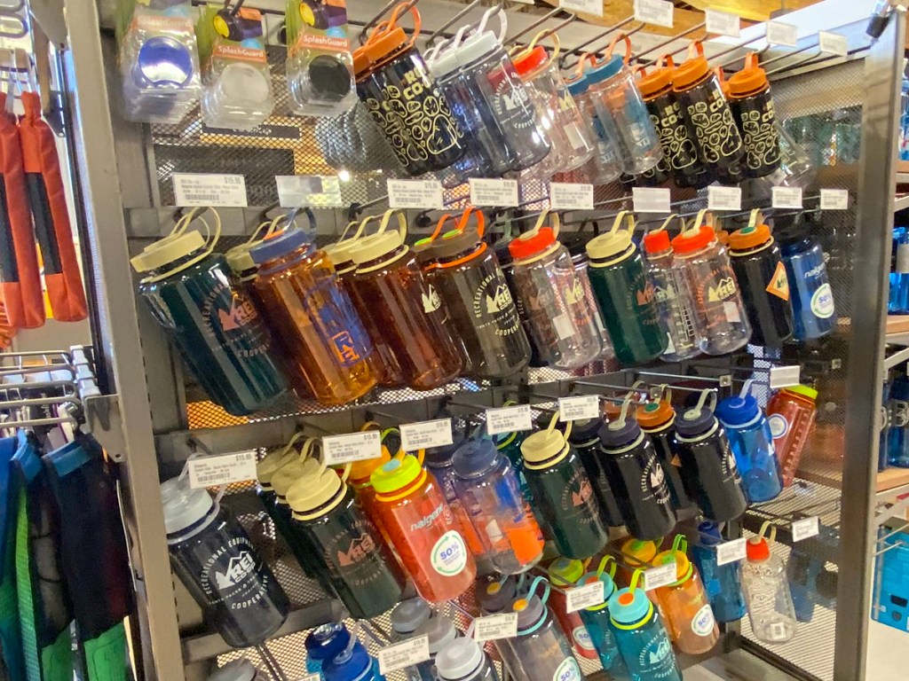 rack of REI nalgene bottles