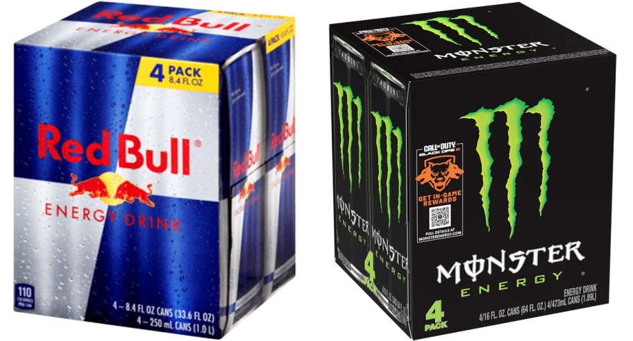 4-packs of red bull and monster energy