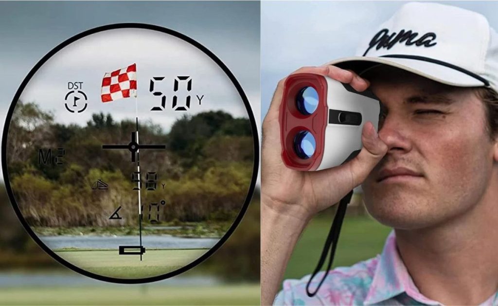 man using a a Segway Rangefinder and a depiction of the image he would see through the lens