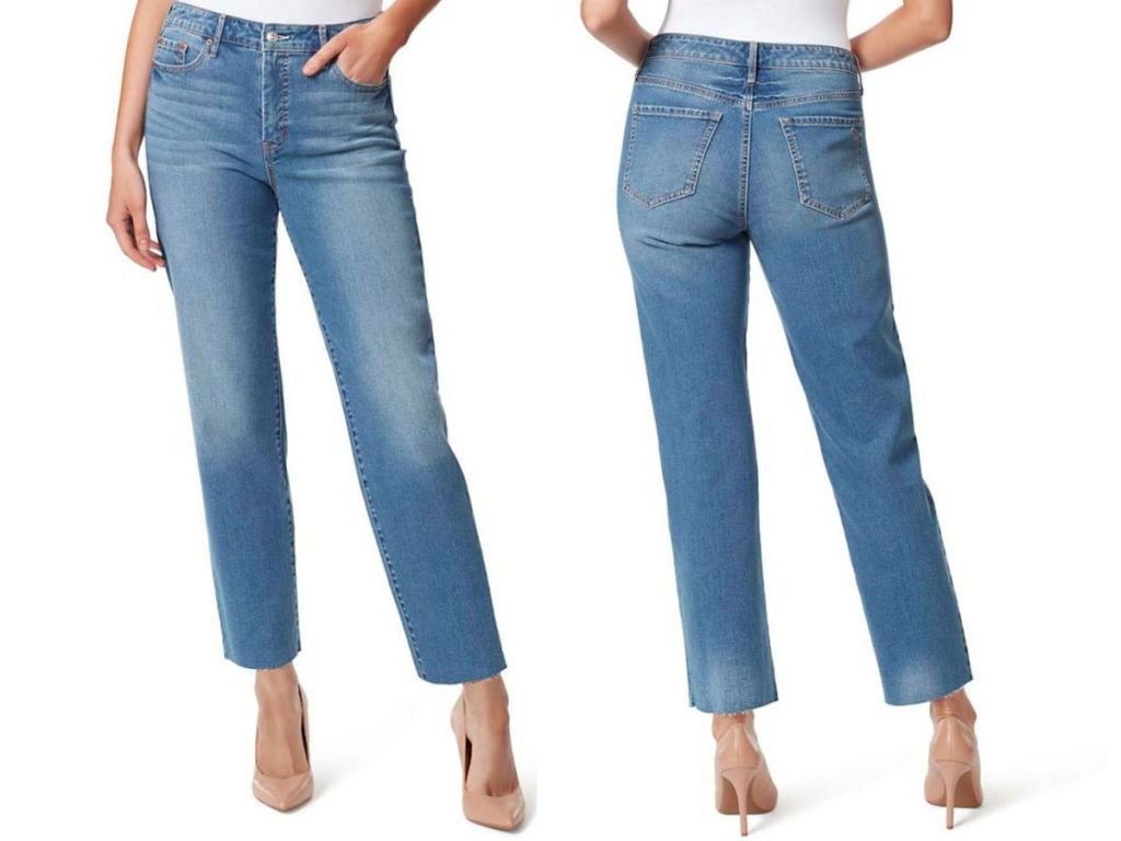 front and back view of woman wearing Jessica Simpson denim jeans