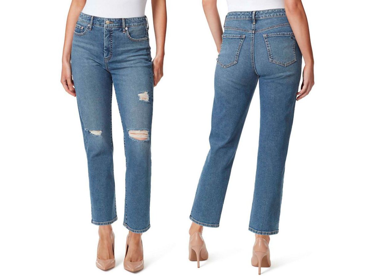 front and back view of woman wearing distressed Jessica Simpson denim jeans
