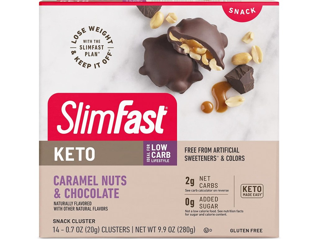 box of caramel nut clusters slimfast snacks