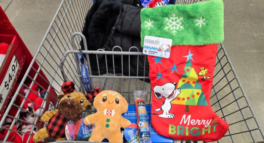 Snoopy christmas stocking inside of a shopping cart