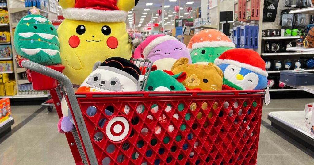 Holiday Squishmallows at target in a shopping cart