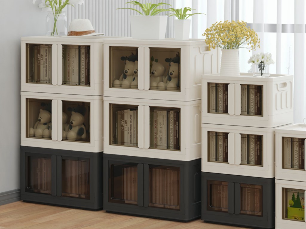 Stackable & Collapsible Storage Bins in living room