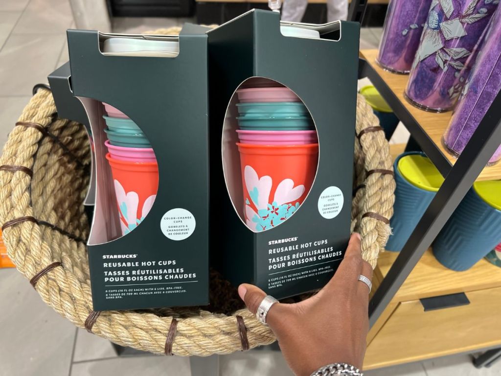 Starbucks Valentine's Day Color Changing Reusable Hot Cups in packages and bin at Target