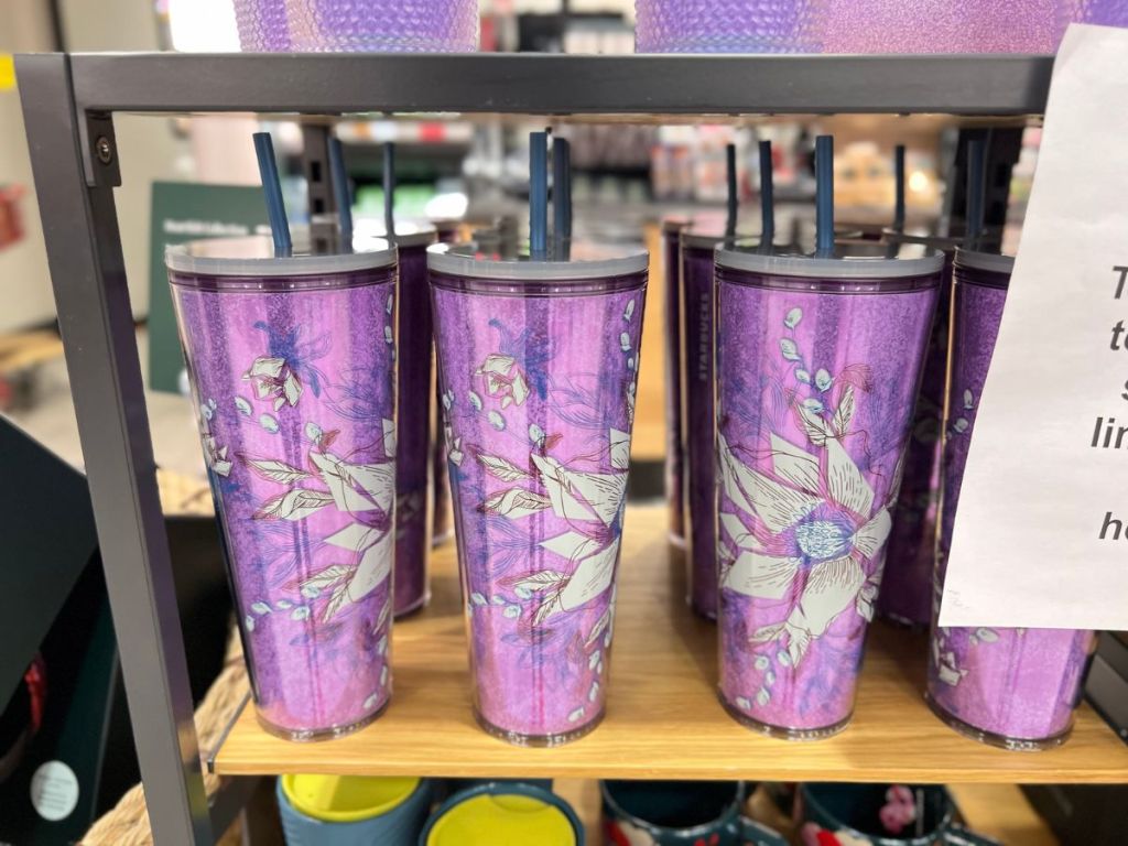 Starbucks purple floral Tumbler on shelf