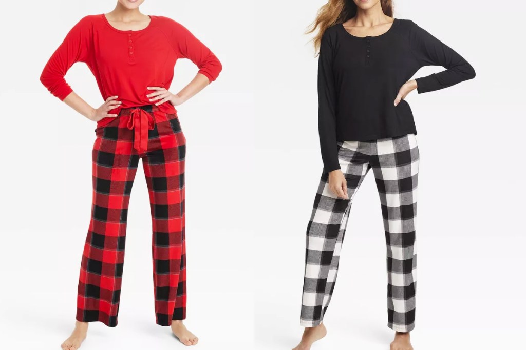 two women in red and black pajama sets with long sleeve tops and plaid pants