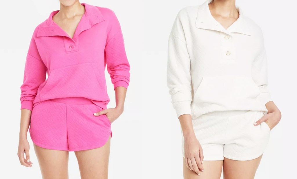 two women in pink and white quilted long sleeve tops with matching shorts