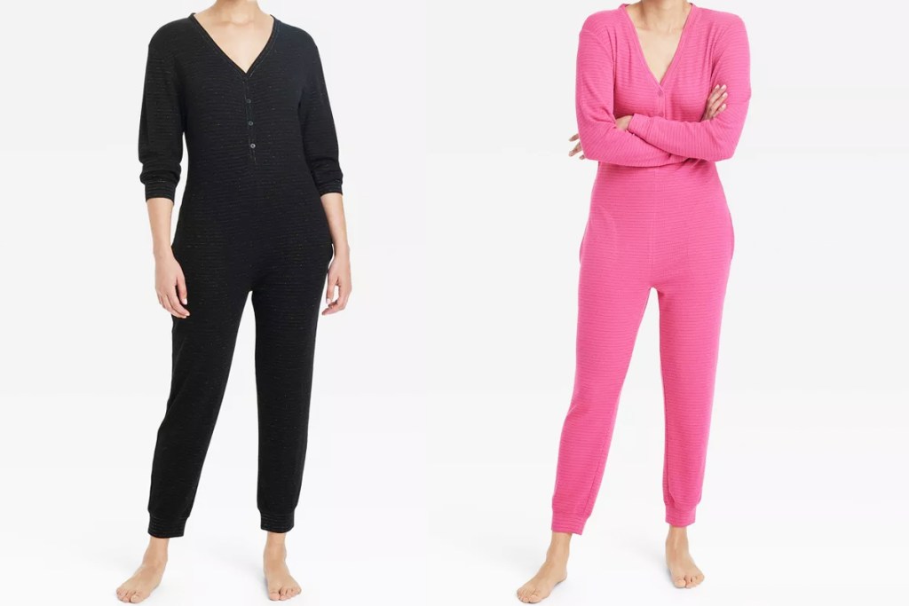 two women in black and pink one piece pajamas