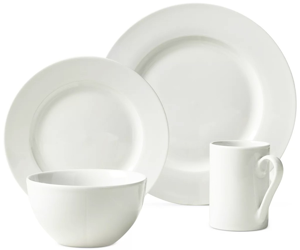 white dinner plate, salad plate, bowl, and mug