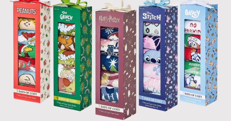 stock images of 7 days of cozy socks with characters from peanuts, the grinch, harry potter, stitch, and bluey