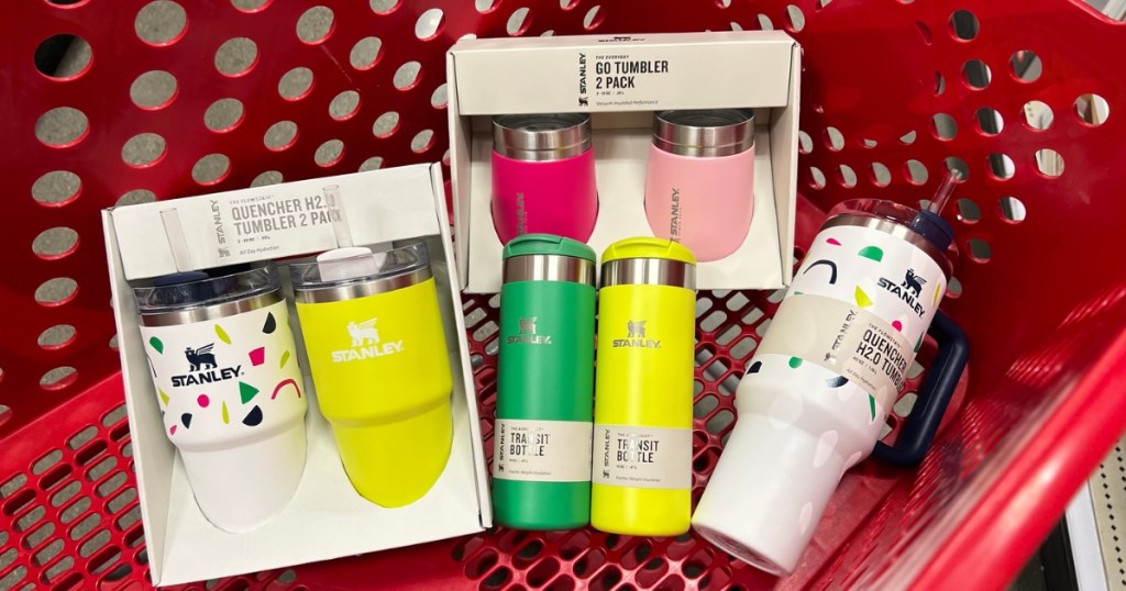 stanley tumblers and water bottles in target cart